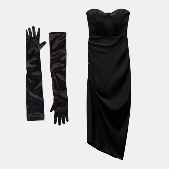 ZARA Black Satin Strapless Dress + Long Black Gloves (Size L) - NWT - Picture 1 of 7